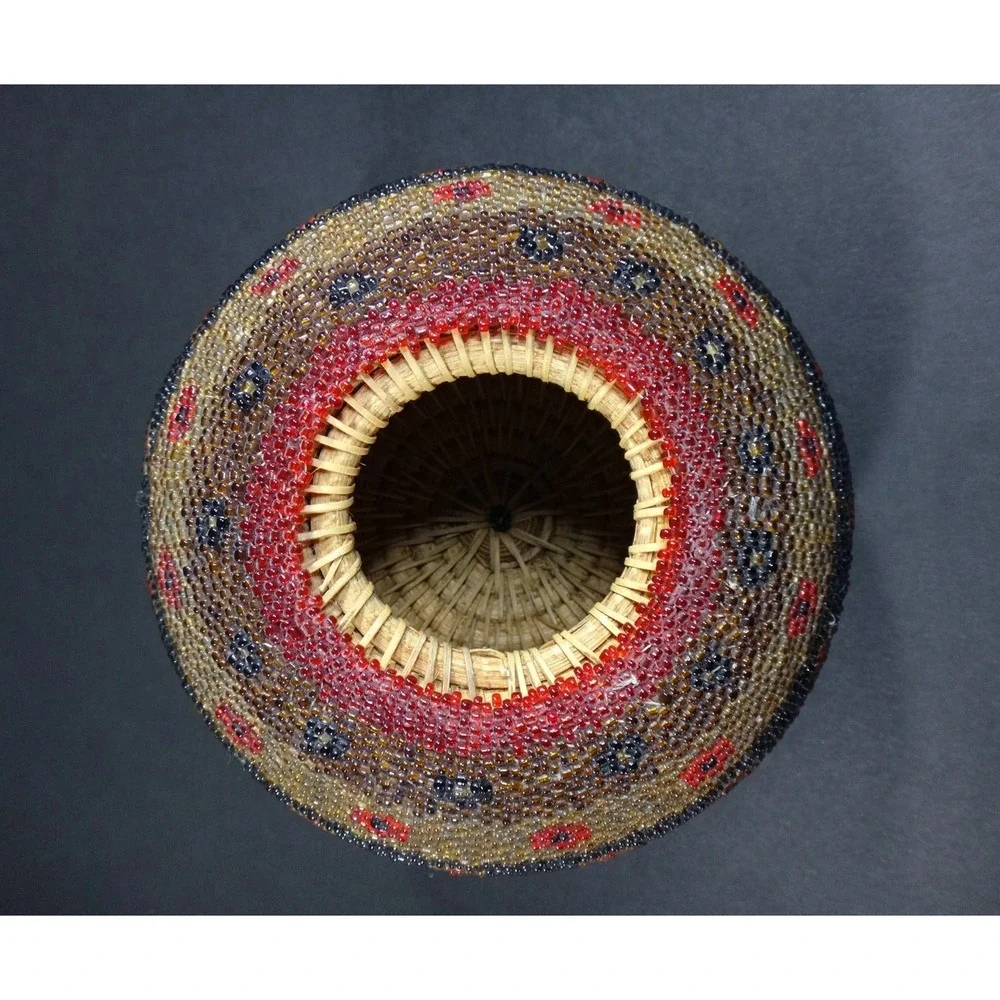 decorative folk art multicolor BEADWORK BASKET w Lid handcrafted Bali Indonesia